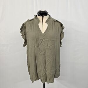 Bloomchic Cap Sleeve Blouse Women's 2X Olive Green Ruffle Trim V-Neck NWT